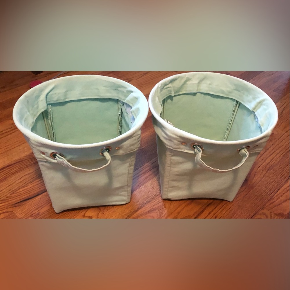 Two Pottery Barn Green Canvas Baskets with Collapsible Metal Frame - 12x10 1/2”